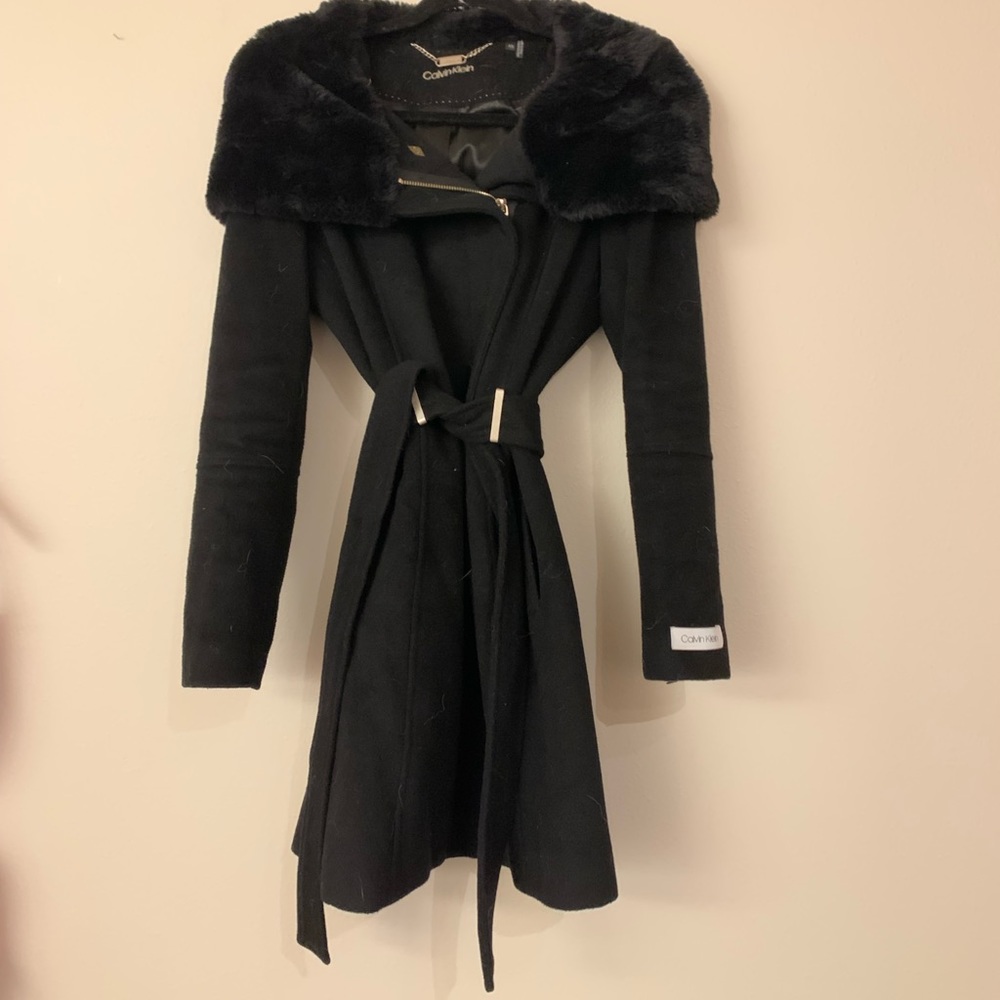 Black Calvin Klein winter trench coat with hood